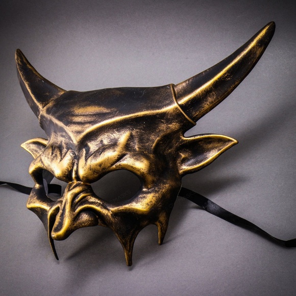 Black Gold Sharp Long Horn Devil Demon Masquerade Wedding Halloween Party Mask - Picture 2 of 3